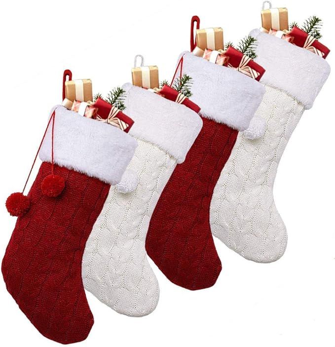 OurWarm 18" Christmas Stockings, 4pcs Cable Knit Christmas Stockings with Plush Faux Fur for Fami... | Amazon (US)