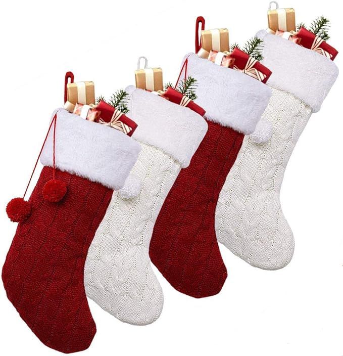 OurWarm 18" Christmas Stockings, 4pcs Cable Knit Christmas Stockings with Plush Faux Fur for Fami... | Amazon (US)