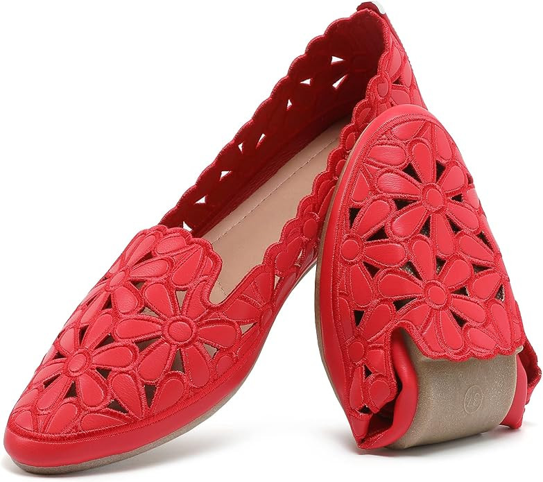 HEAWISH Women's Floral Ballet Flats for Women Black Beige Slip On Flowers PU Leather Round Toe Dr... | Amazon (US)