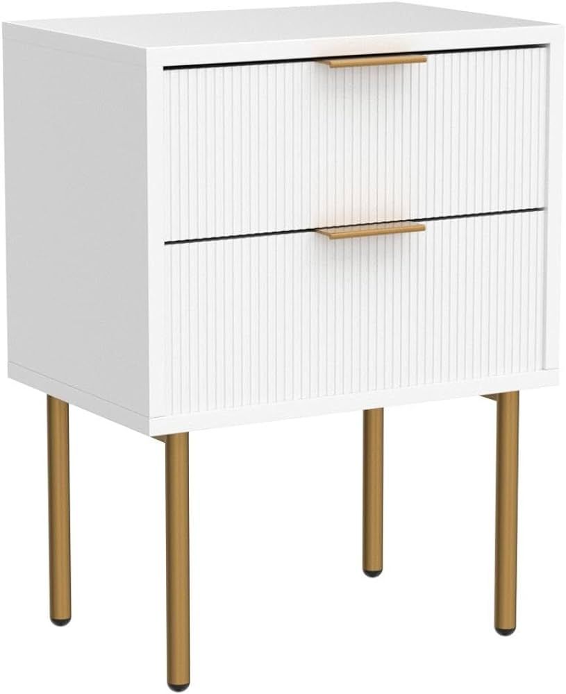 Nightstand,Mid-Century Modern Bedside Table with 2 Storage Drawer,Small Gold Frame Side End Table for Bedroom,Living Room, White | Amazon (US)