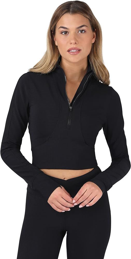 90 Degree By Reflex Womens Interlink Ribbed Half Zip Long Sleeve Crop Top Jacket | Amazon (US)