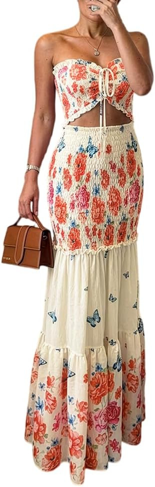 CHICME Floral Printed Prom Dress Tie Ruched Shirred Bandeau Party Dress Slim Fit Ruffle Hem Vacat... | Amazon (US)