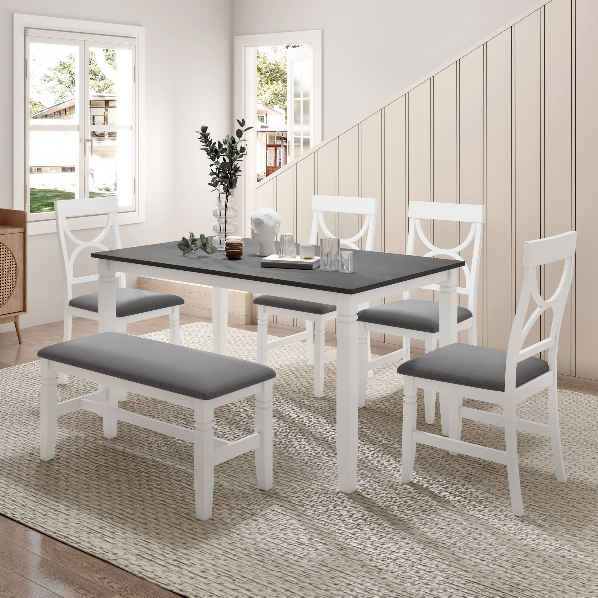 LOVMOR 6 Piece Wood Dining Table Set Kitchen Table Set with Upholstered Bench and 4 Dining Chairs Farmhouse Style Gray and White one_size | Lowe's