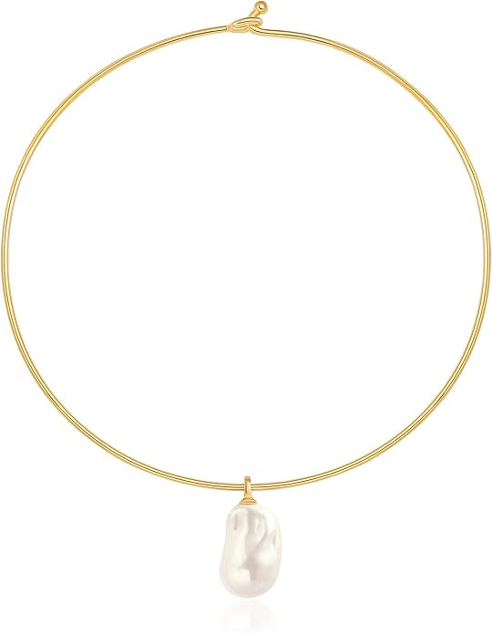 Aobei Pearl 18K Gold Plated Cuff Choker Necklace for Women Chunky Wire Chain Collar Jewelry | Amazon (US)