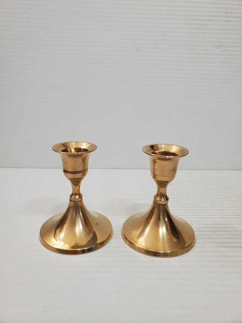 Pair Tall Brass Candlesticks Gently Used Brass Candlestick Holders Short Brass Candleholders Grea... | Etsy (US)
