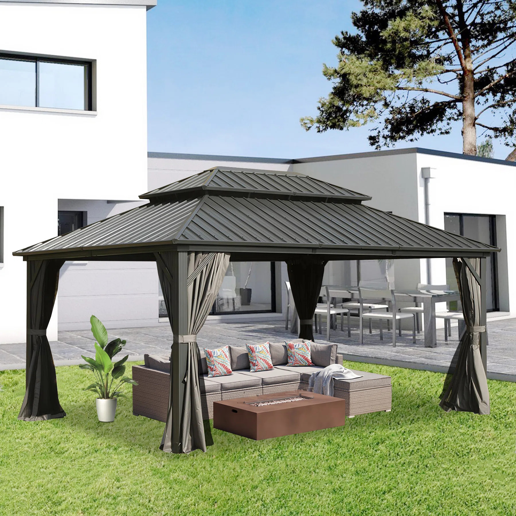 Galvanized Steel Patio Gazebo with Overhang Slope-design Double Roof | Wayfair North America
