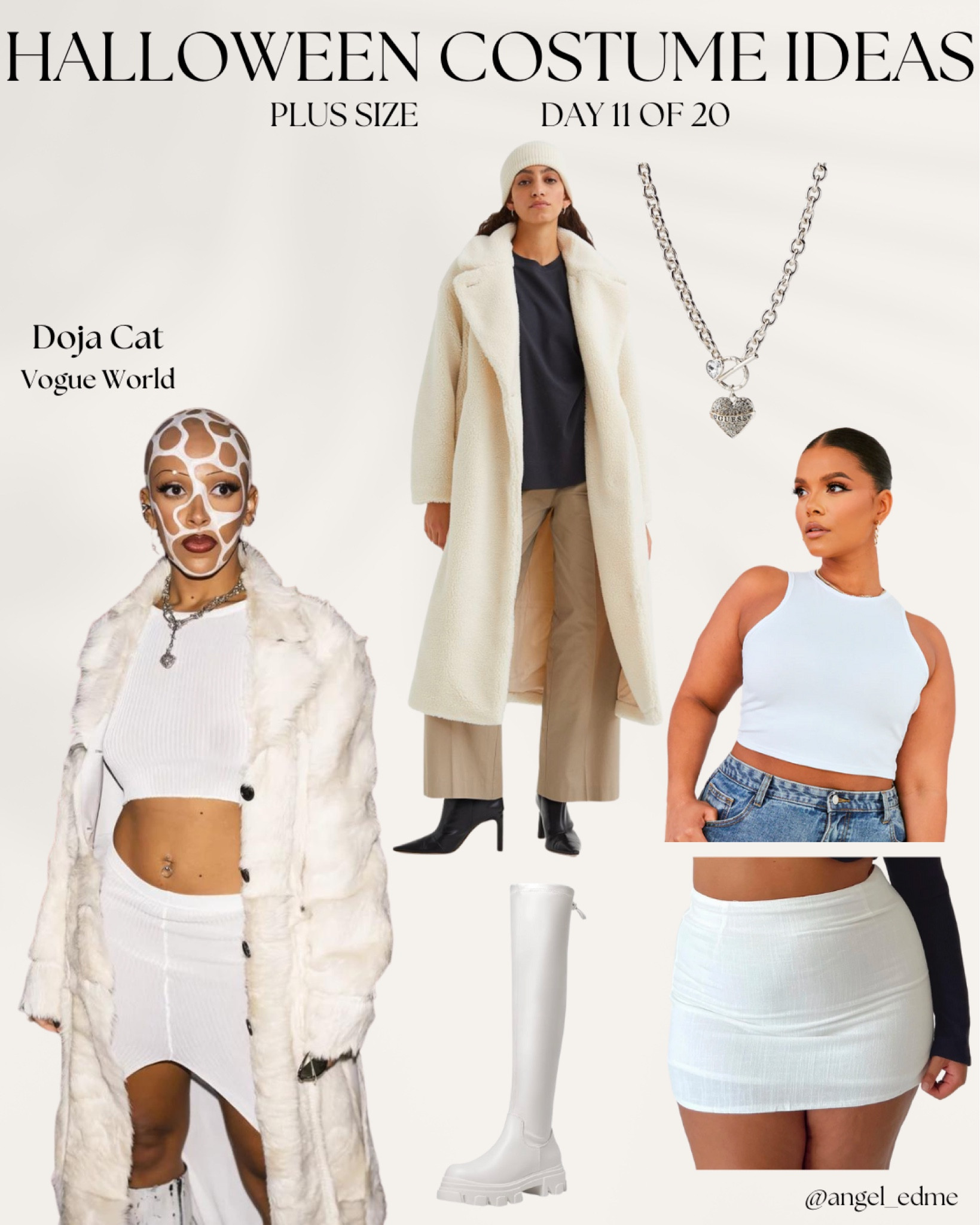 Plus size Halloween costume ideas! This time around we have a Doja Cat Fashion week reference. It includes a white mini skirt, crop top, and white coat. Super fun and super trendy!




#plussize
#falloutfits
#Halloween 
#costume
#trendy

#LTKcurves #LTKHalloween #LTKstyletip