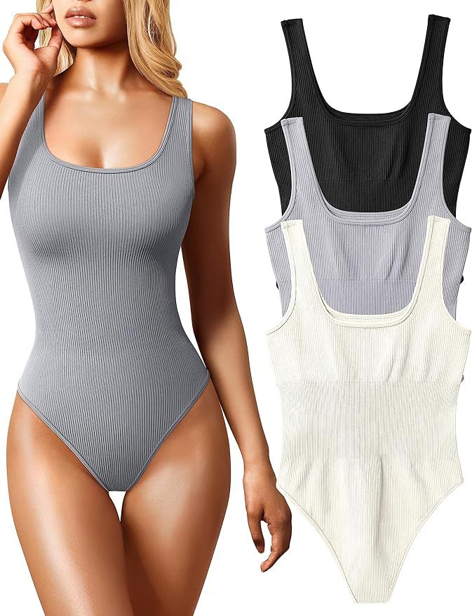 OQQ Women's 3 Piece Bodysuits Sexy Ribbed Sleeveless Square Neck Sleeveless Tank Tops Bodysuits | Amazon (US)