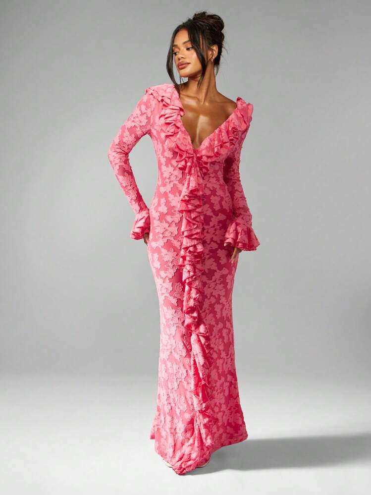 MISSGUIDED Long Sleeve Ruffle Detail Floral Lace Plunge Neckline Empire Waist Floor Length Special Occasion Evening Formal Maxi Dress Wedding Guest | SHEIN