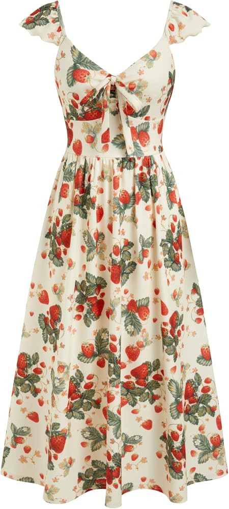 CIDER Maxi Floral Dress Summer Fruit Patterned Sleeveless Square Neck Bow Tie Ruffle Sleeves Boho... | Amazon (US)