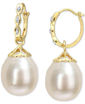 Cultured South Sea Pearl (9 - 9-1/2mm) & Diamond Accent Drop Earrings in 14k Gold | Macy's