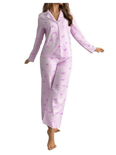 MakeMeChic Women's 2 Piece Pajama Set Bow Striped Long Sleeve Button Down Shirt and Straight Leg Pants Loungewear Purple Small | Amazon (US)