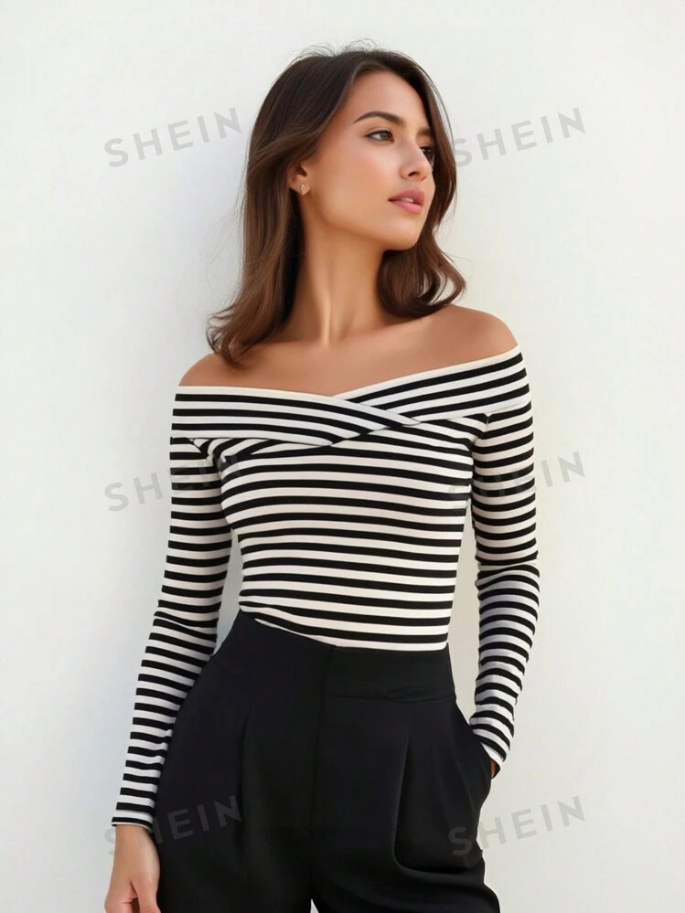 SHEIN Privé Striped Print Off Shoulder Tee | SHEIN