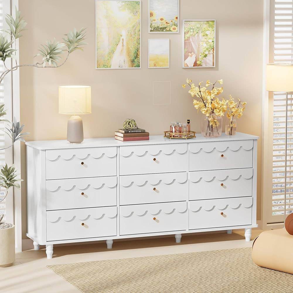 Anbuy White 9 Drawer Dresser for Bedroom, Modern Wide Long Chest of Drawers Wood, Scalloped Organ... | Amazon (US)