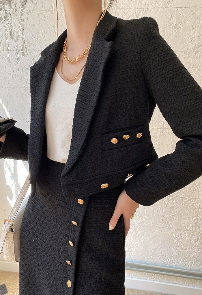 Distinctive Buttons Cropped Tweed Blazer | Chicwish