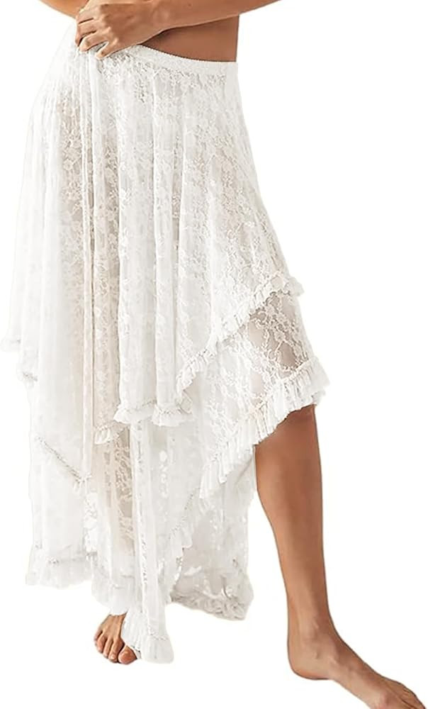 Yimoon Lace Skirts for Women Flowy Boho Maxi Skirt Elastic Asymmetrical Layered See-Through Long ... | Amazon (US)