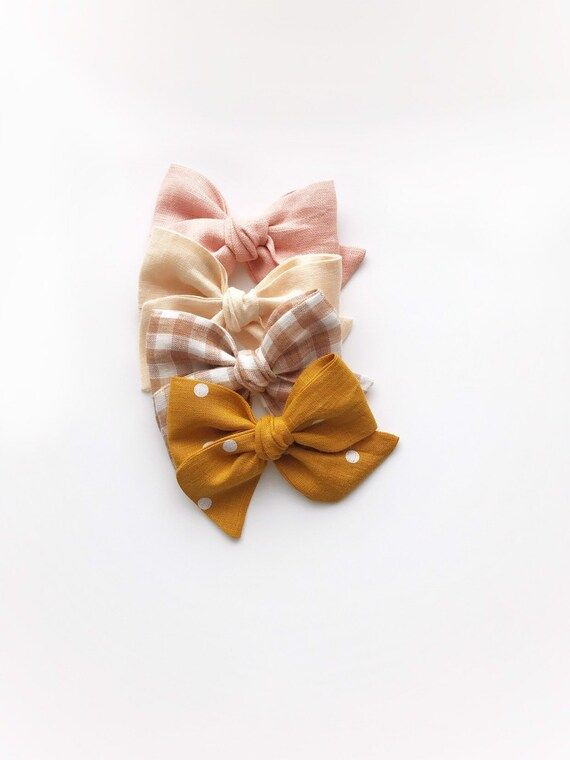Oversized Bow | 100% Linen Bow | Sand Gingham Bow | Mustard Polka dot | Pale Apricot | Etsy (US)