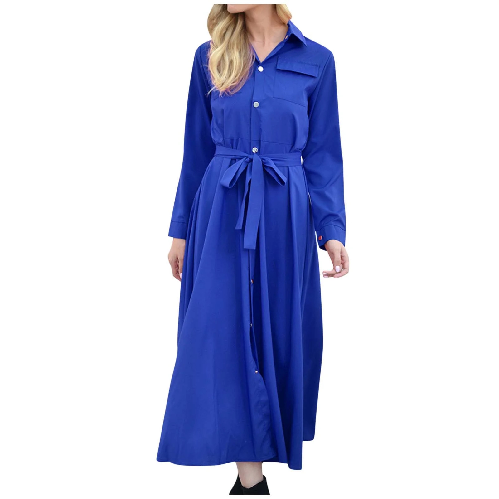 safuny Midi Dress with Pocket for Women Solid Color Long Sleeve Lapel Neck Dress Button Elegant L... | Walmart (US)