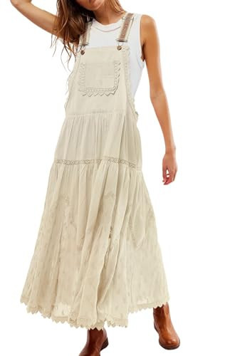 Women's Casual Lace Embroidered Maxi Dress Adjustable Strap Pleated Tiered Swing Long Dress with Pockets (X-Large,Apricot) | Amazon (US)