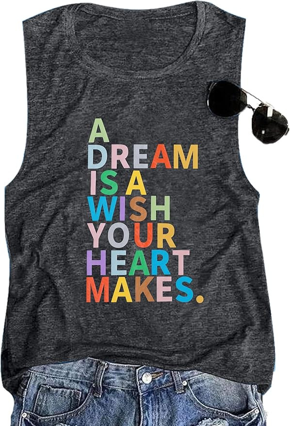 UNIQUEONE A Dream is A Wish Your Heart Makes Tank Tops Women Funny Letter Print Tee Casual Sleeve... | Amazon (US)