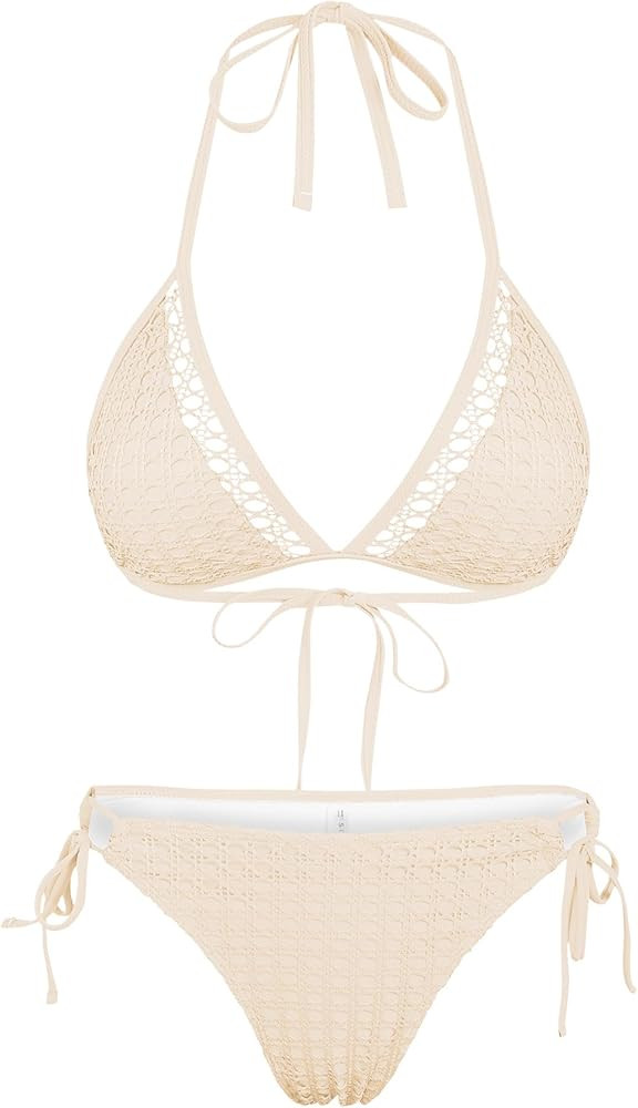 ZAFUL Women's Halter Bikini Set Crochet Triangle Two Piece Bathing Suit Side Tie Swimwear | Amazon (US)