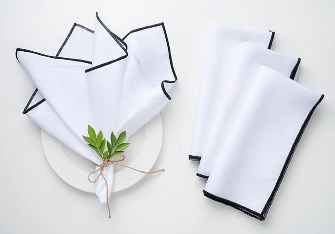 D'Moksha Linen Napkins Set of 4-20 x 20 Inch, White and Black Linen Napkins - Marrow Edge, 100% P... | Amazon (US)