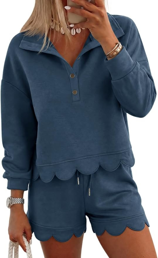 Fisoew Womens 2 Piece Sets Sweatsuits Casual Half Button Long Sleeve Tops and Shorts Sweatshirt W... | Amazon (US)