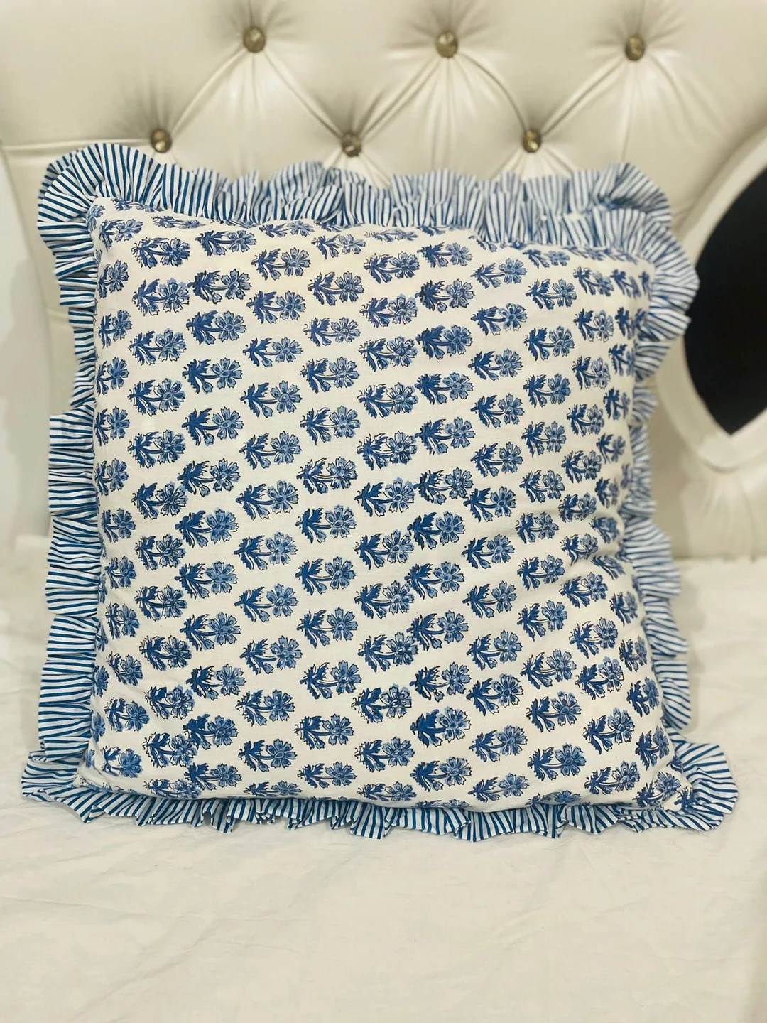 Frill Floral Cushion Cover in Hand Block Print Cotton Square / - Etsy | Etsy (US)