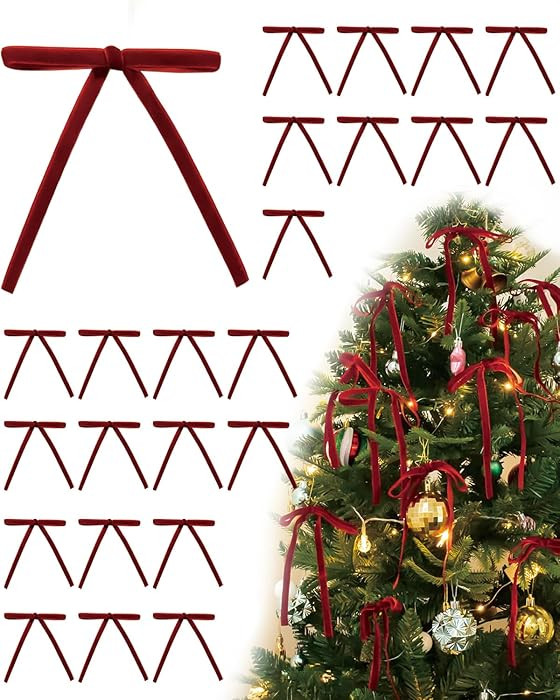 Velvet Christmas Tree Bows – 24 Pcs Holiday Bows (3/8" Wide, 5x7) with Star Clips – Easy Hang... | Amazon (US)