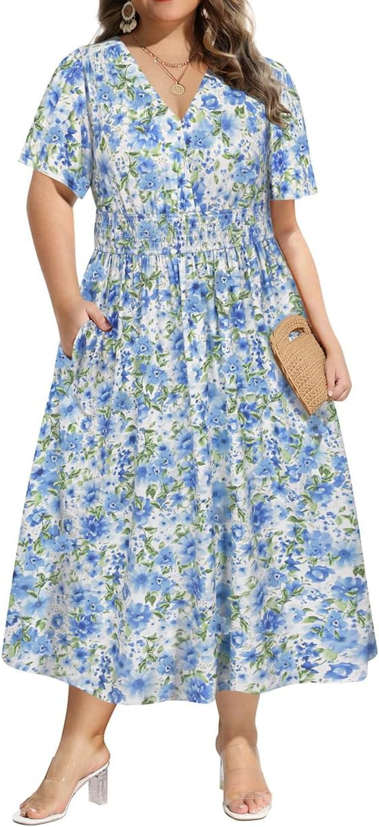 CARCOS Plus Size Dresses for Curvy Women V Neck Summer Maxi Dress Short Sleeve Floral Boho Dress ... | Amazon (US)