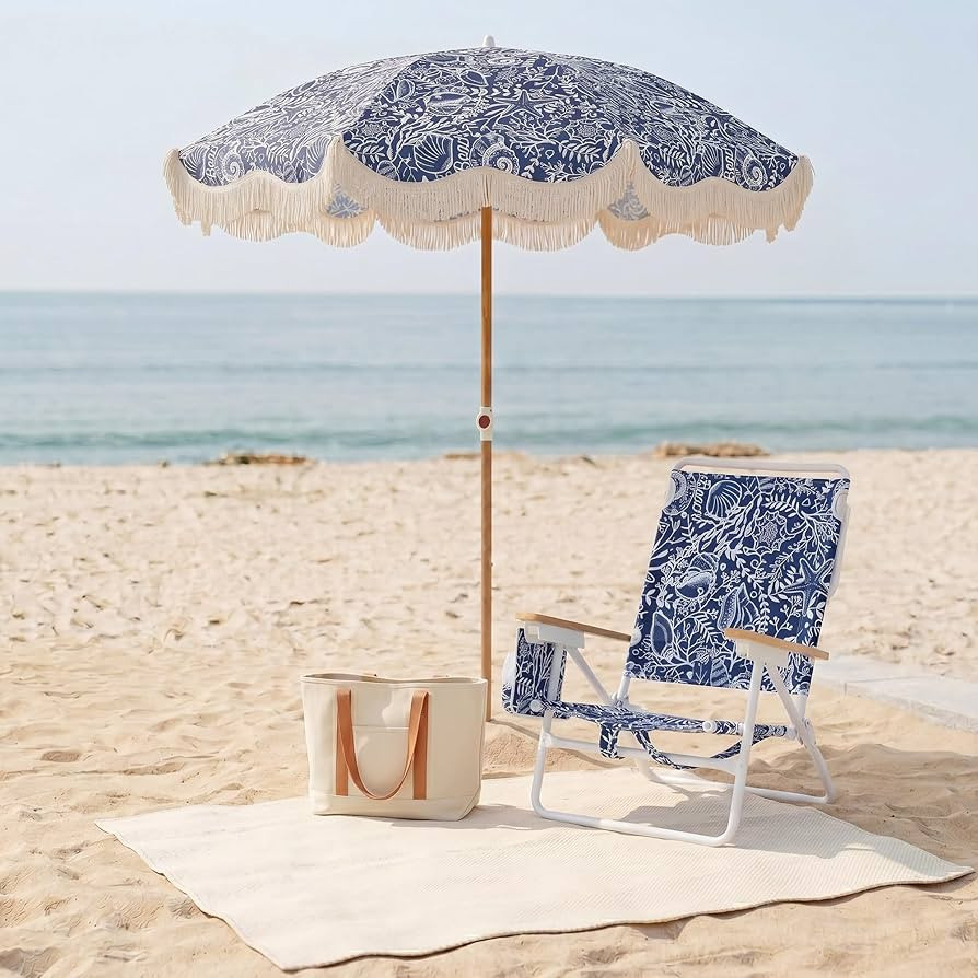 2-Piece Beach Set – 6FT UPF 50+ Fringe Sun Umbrella & Low Chairs with Wooden Armrests, Foldable... | Amazon (US)
