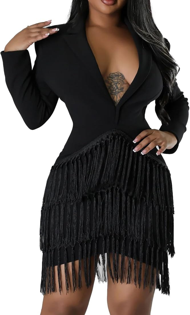 Women's Long Sleeve Bodycon Mini Dress Sexy Deep V Neck Collared Layered Tassel Dress Cocktail Pa... | Amazon (US)