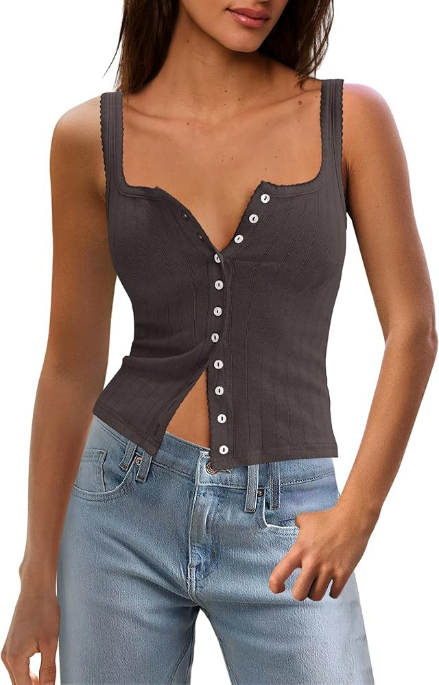 Panadila Womens Ribbed Square Neck Tank Top Summer Button Down Tanks Sleeveless Knit Tops Going O... | Amazon (US)