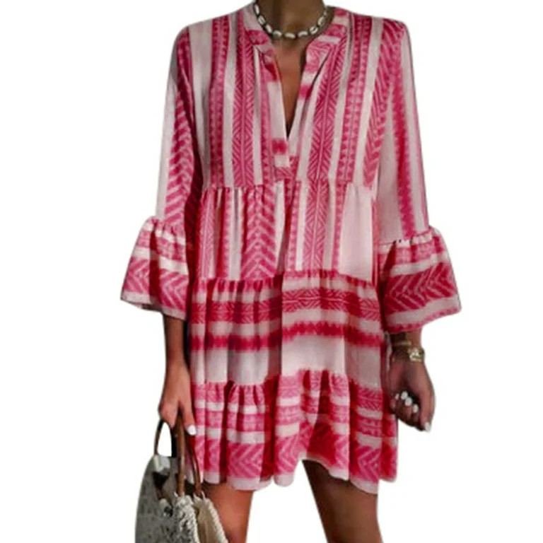 Sexy Dance Women's Bell Sleeve Ruffle Layer Hem Mini Dress Floral Flare Long A Line Dress Deep V ... | Walmart (US)