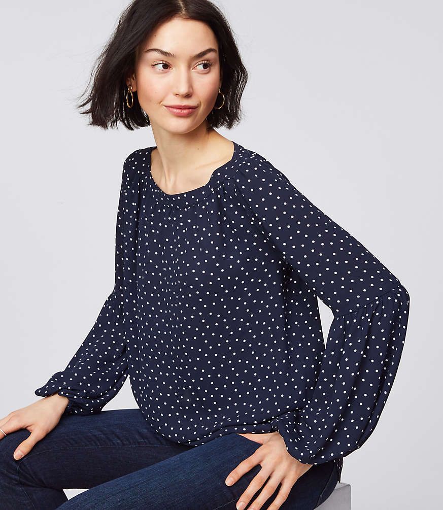 Dotted Lantern Sleeve Shirred Blouse | LOFT