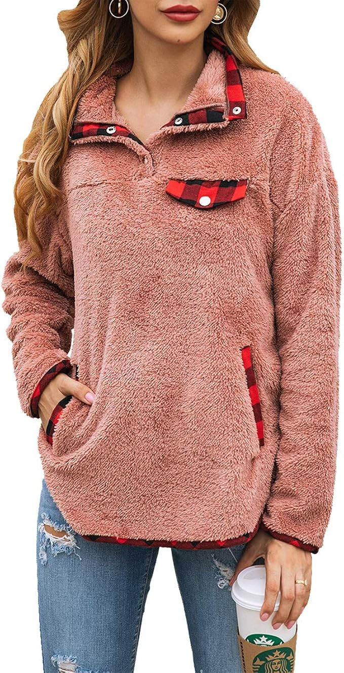 KIRUNDO Women’s Fashion High Collar Long Sleeves Sweaters Plaid Print Fleece Button Down Short ... | Amazon (US)