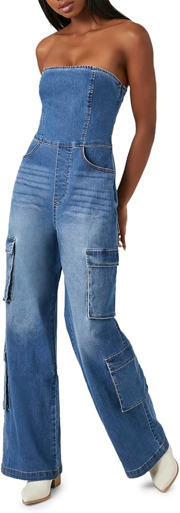 Forever 21 Womens Strapless Stretch-denim Jumpsuit | Amazon (US)