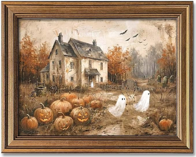 Wemandh Vintage Halloween Wall Art, Gold Framed Rustic Ghost and Pumpkin Decor, Spooky Haunted Ho... | Amazon (US)