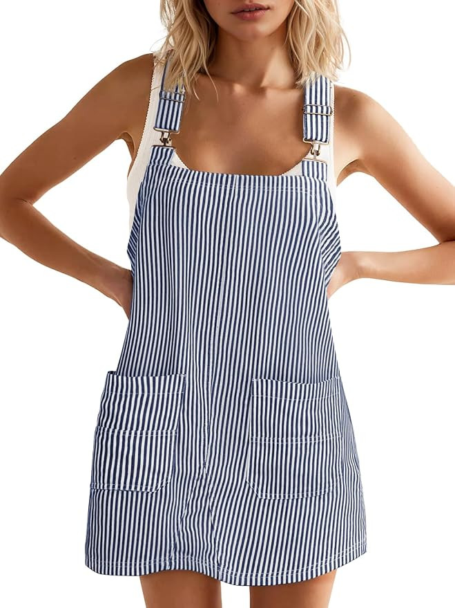 Womens Casual Denim Dress Summer Striped Overalls Romper Adjustable Straps Sleeveless Jean Dresse... | Amazon (US)