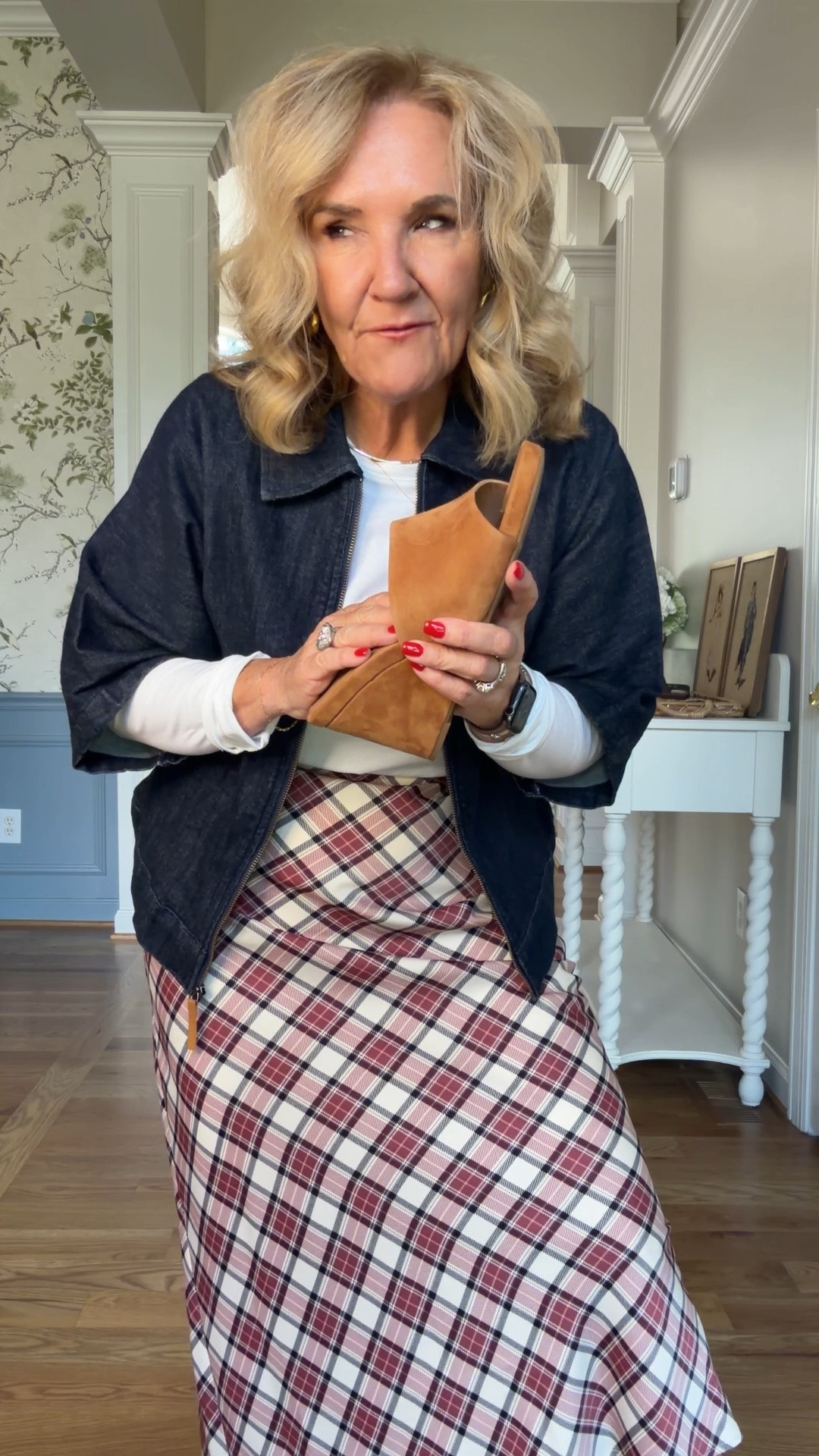 These suede sandals are over 60% off. They’re a great fall transition shoe. They’re true size.
White T-shirt I bought a small and a large. This is the small for wearing underneath jackets and sweaters. I got the large just to wear more casually.
Denim jacket, size medium
Plaid skirt, size medium, and I’ll be sharing multiple ways to style the skirt soon

#LTKOver40 #LTKSaleAlert #LTKWorkwear