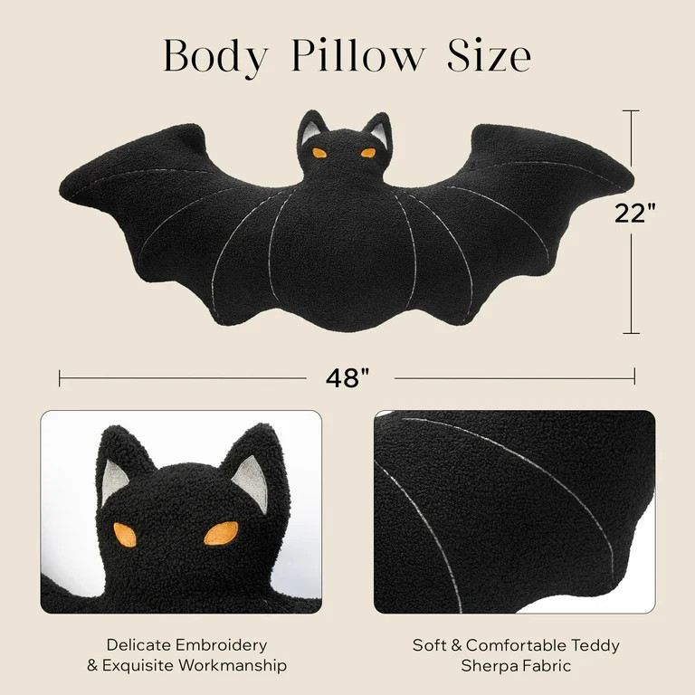 Phantoscope Happy Halloween Faux Fur Bat Shaped Throw Pillow, Black, 22 x 48 inch | Walmart (US)