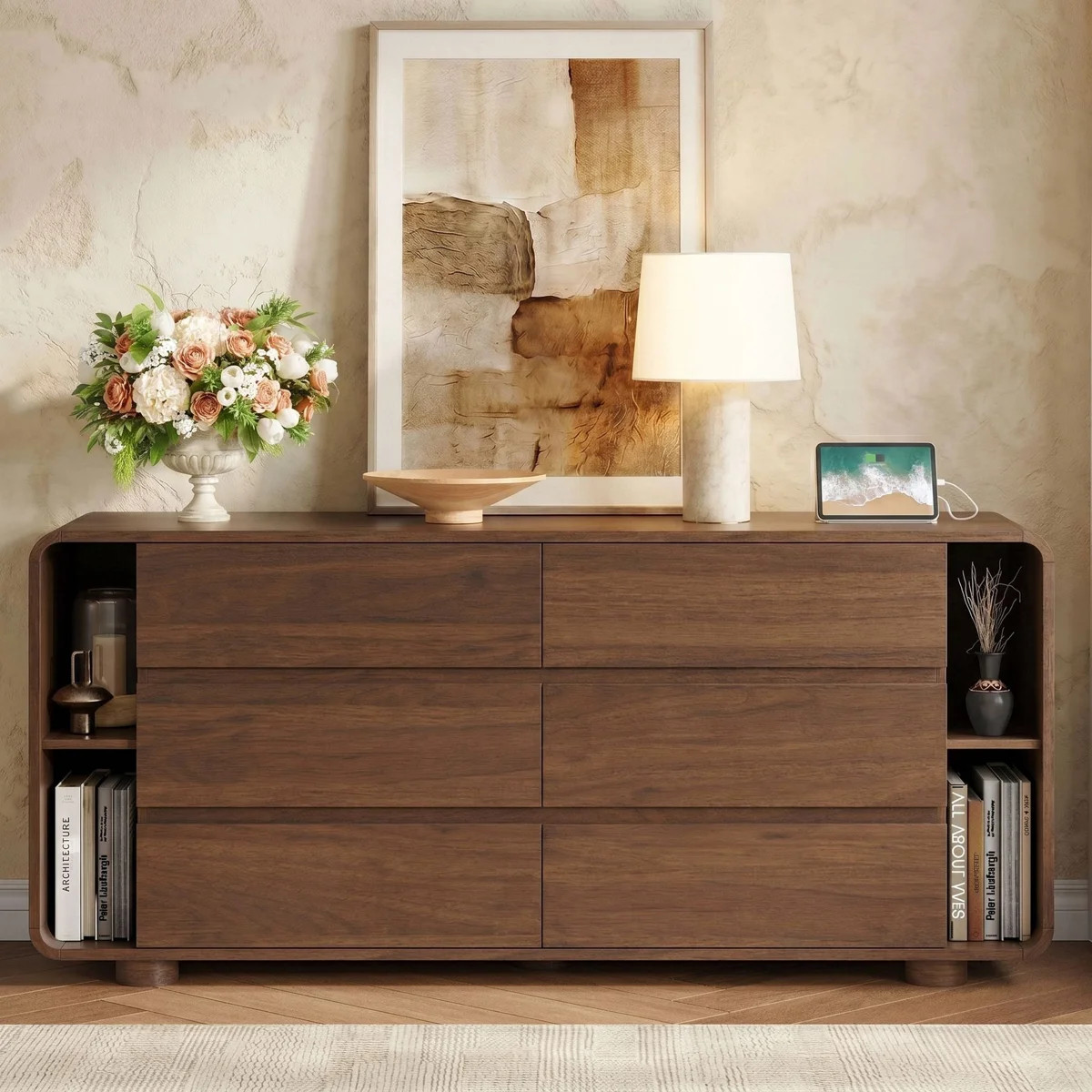 6 Drawer Dresser with Shelves, 63'' Wide 17.7'' Depth Large Chest of Drawers for Bedroom, Curved ... | Wayfair North America
