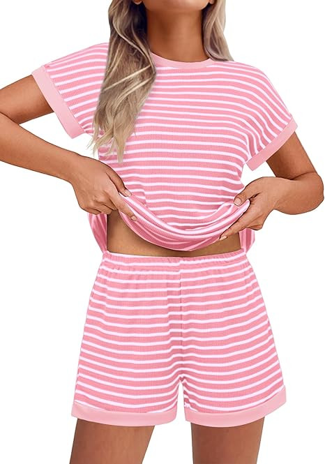 Ekouaer Waffle Knit Lounge Set Women Stripe Pajama Sets Short Sleeve Pj Tops and Shorts Matching ... | Amazon (CA)