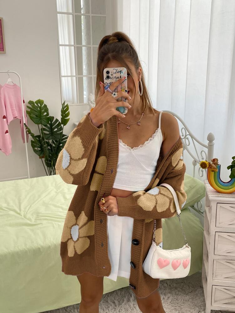 Floral Pattern Drop Shoulder Cardigan | SHEIN