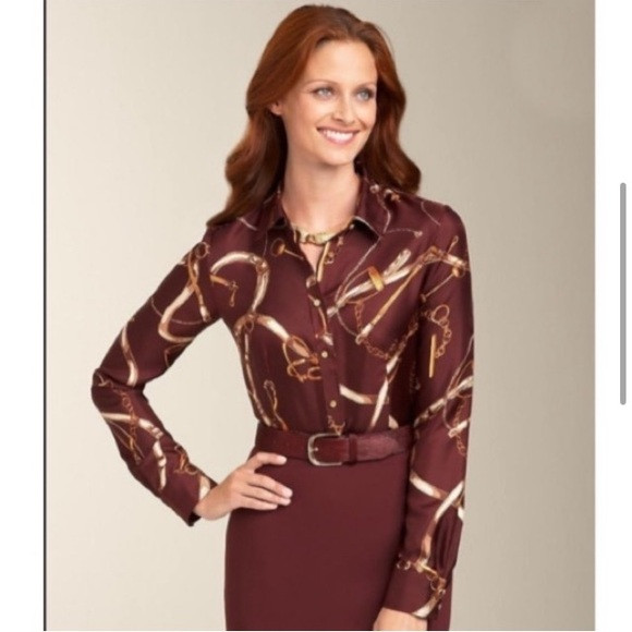 Talbots Equestrian Silk Blouse Brown and Gold Chain Print Blouse | Poshmark