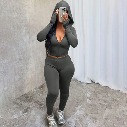 Christmas Gift Women's Two Piece Tracksuit Set Long Sleeve Zipper Cropped Hoodie And Leggings Activewear Fitness Set Party New Year Warm Thermal | SHEIN