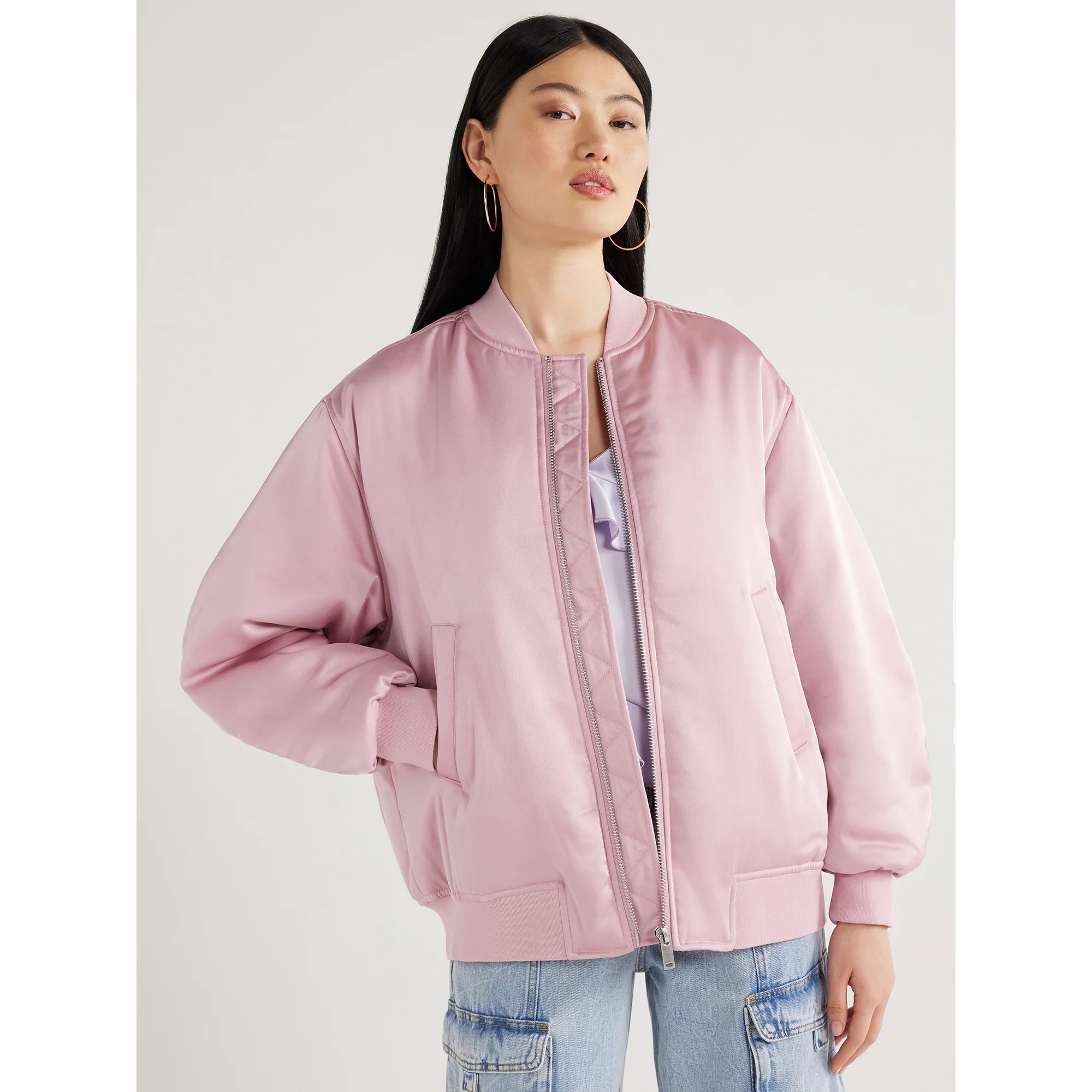 Scoop Women's Oversized Satin Bomber Jacket with Rouched Sleeves, Sizes XS-XXL | Walmart (US)