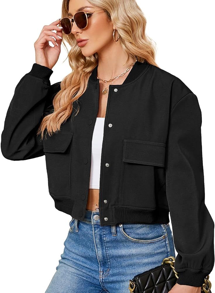 Zando Womens Bomber Jacket Button Down Short Cropped Jackets Long Sleeve Baseball Varsity Jacket ... | Amazon (US)