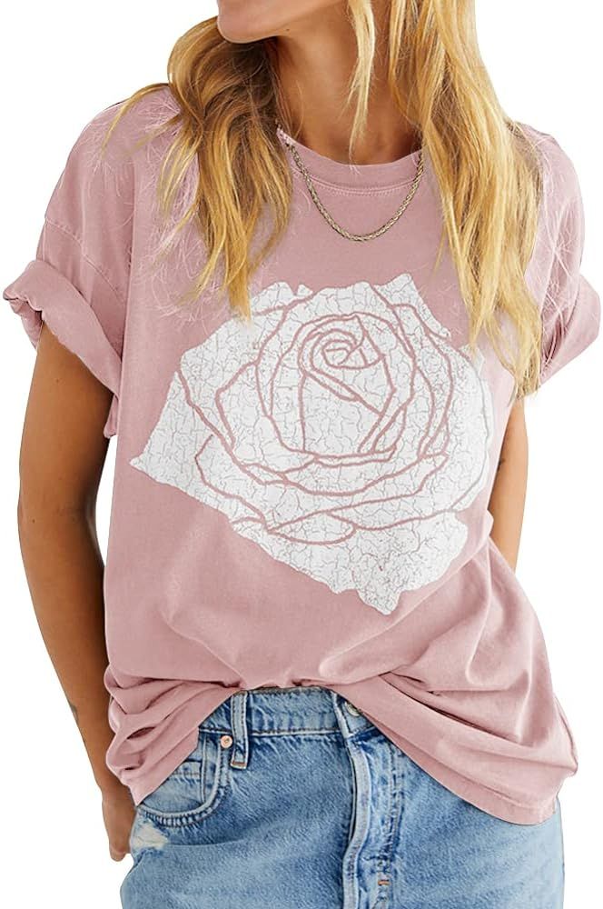 Womens Rose Graphic Tee T Shirt Loose Fit Summer Short Sleeve Casual Boyfriend Crew Neck Tops | Amazon (US)