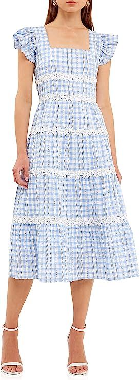 Amazon.com: English Factory Women's Floral Lace Gingham Printed Midi Dress Blue/White : Clothing,... | Amazon (US)
